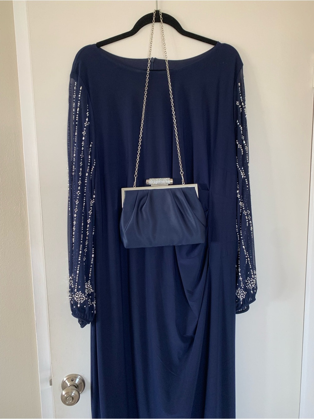 Marina Dress Women's Size 22W & Purse Navy Blue Beaded Long Sleeve Formal Gown